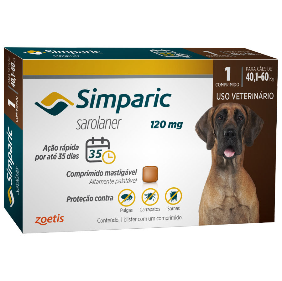 Simparic 120mg, 40,1 até 60kg, 03 Compr Zoetis para Cães