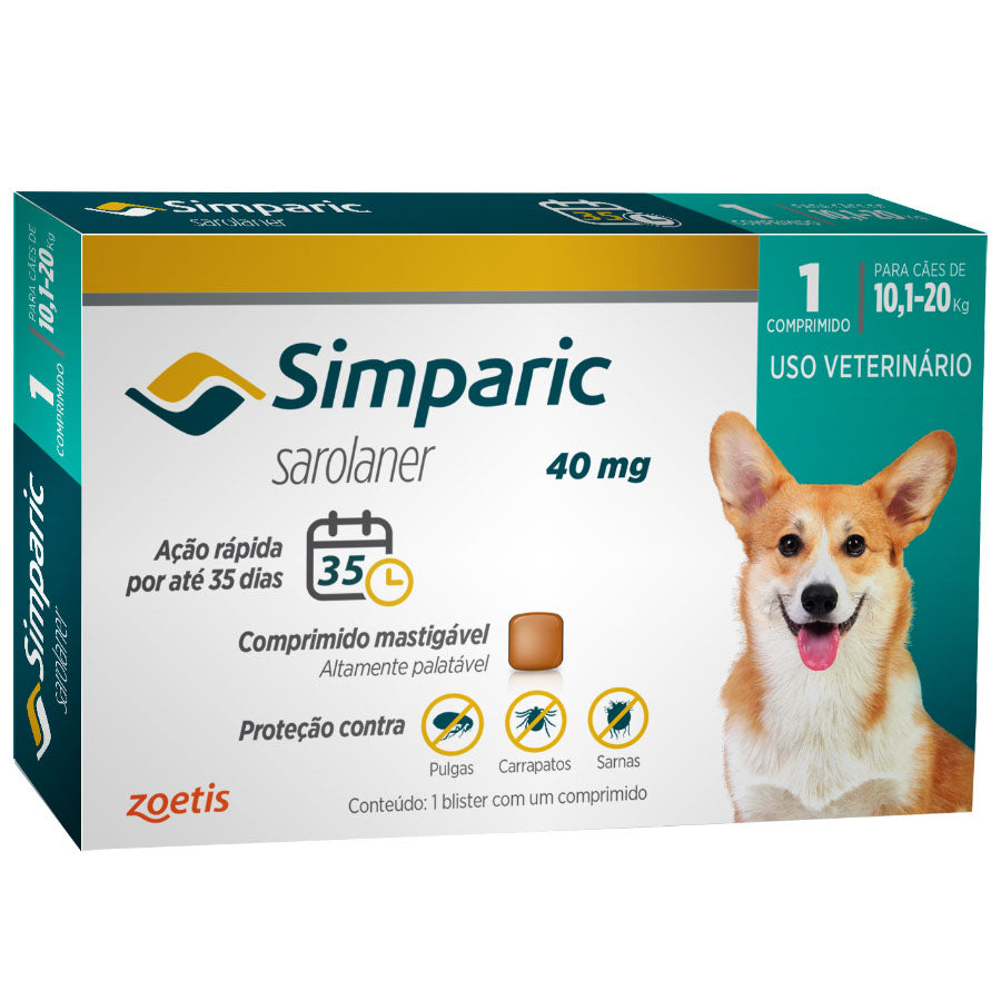 Antipulgas Simparic 40 mg para cães 10,1 a 20 kg - Zoetis - 3 unidades