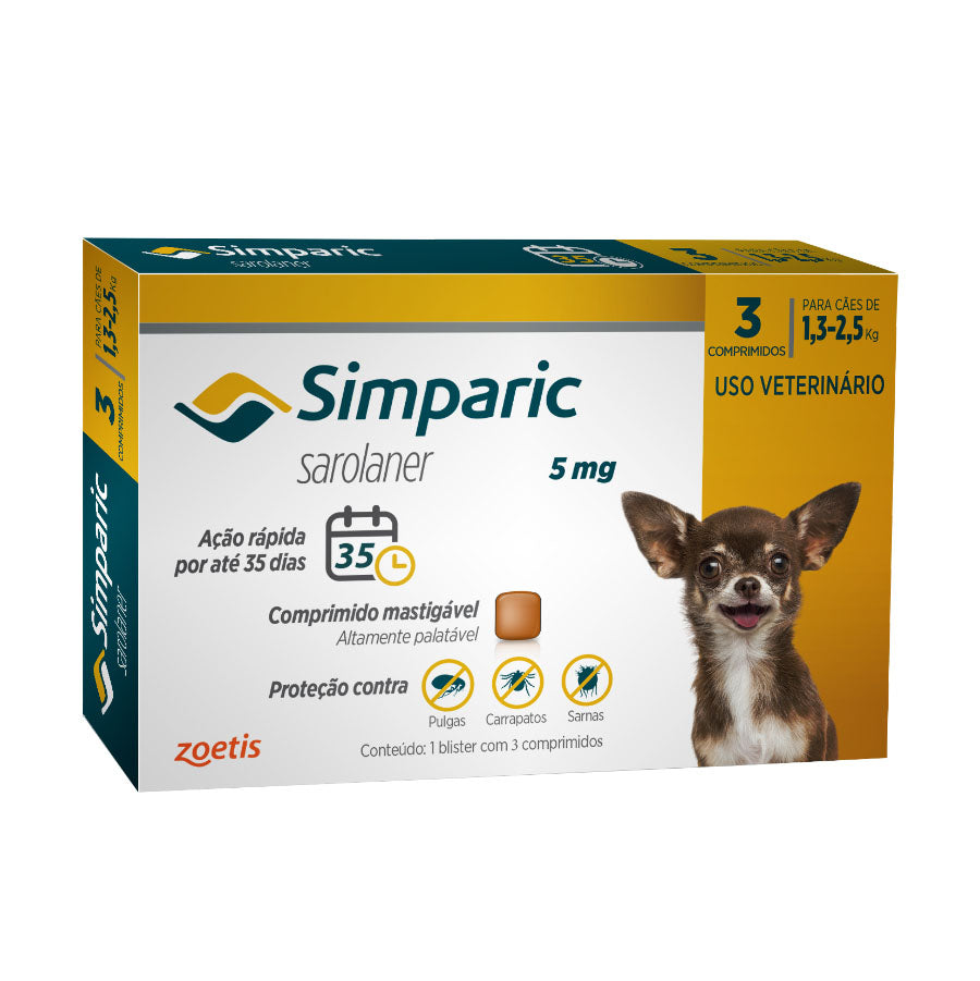 Zoetis Simparic 5Mg 1 3 Até 2 5Kg 03 Compr Para Cães