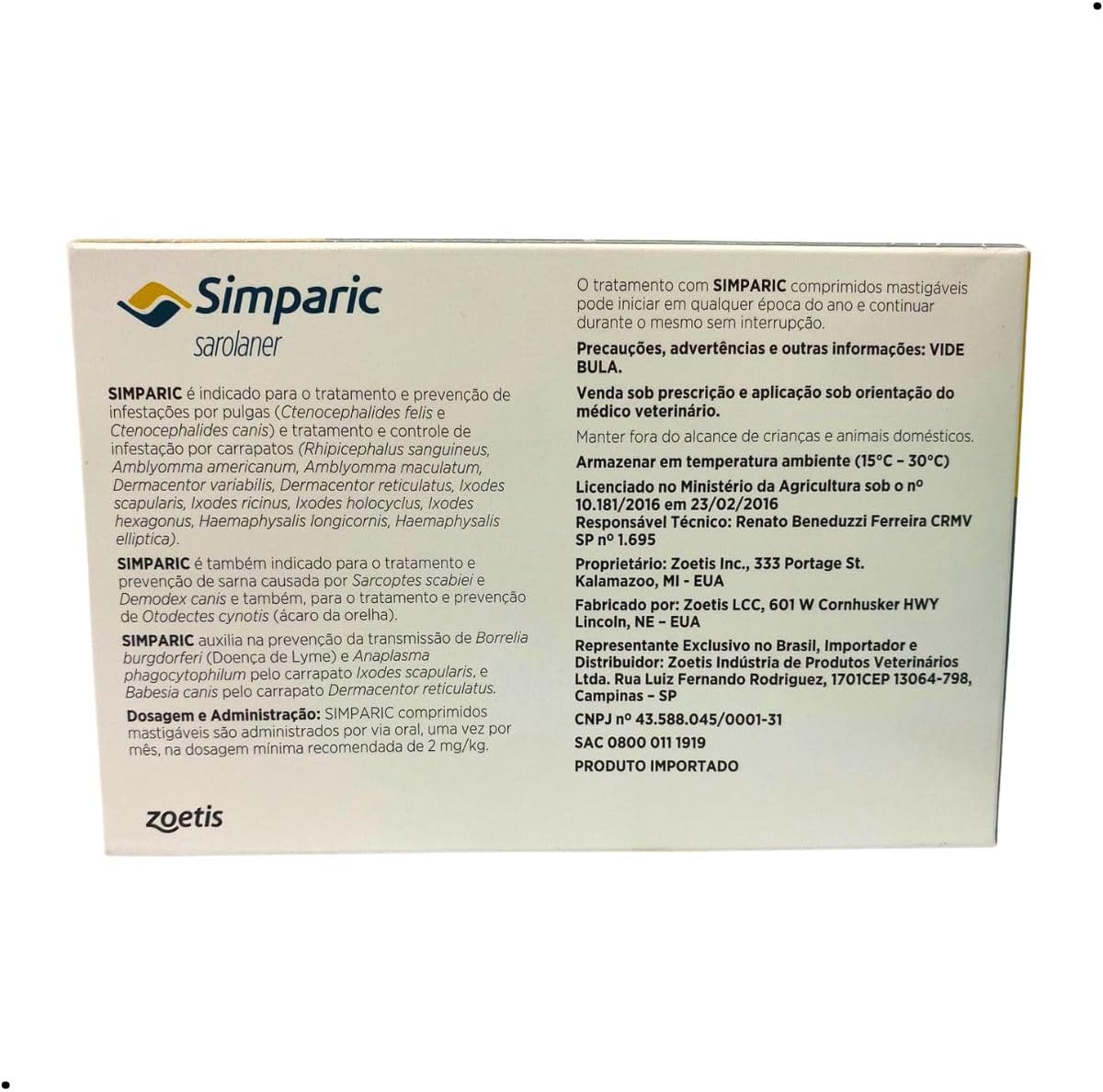 Antipulgas Simparic 40 mg para cães 10,1 a 20 kg - Zoetis - 3 unidades