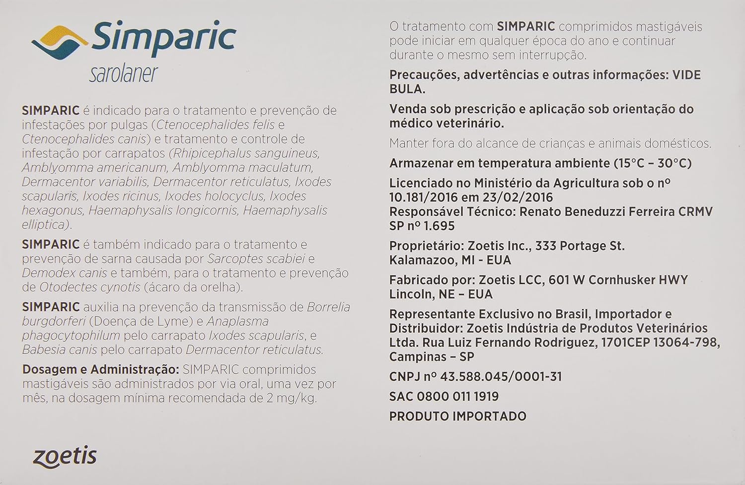 Zoetis Simparic 5Mg 1 3 Até 2 5Kg 03 Compr Para Cães