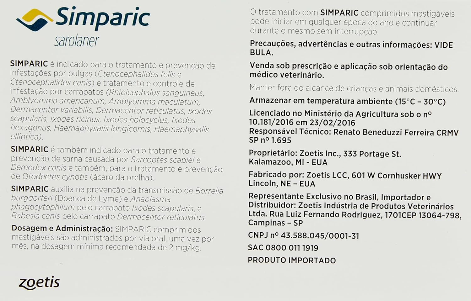 Simparic 120mg, 40,1 até 60kg, 03 Compr Zoetis para Cães